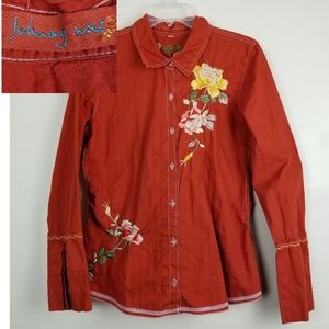 Johnny Was Floral Embroidered Button Front Shirt L.